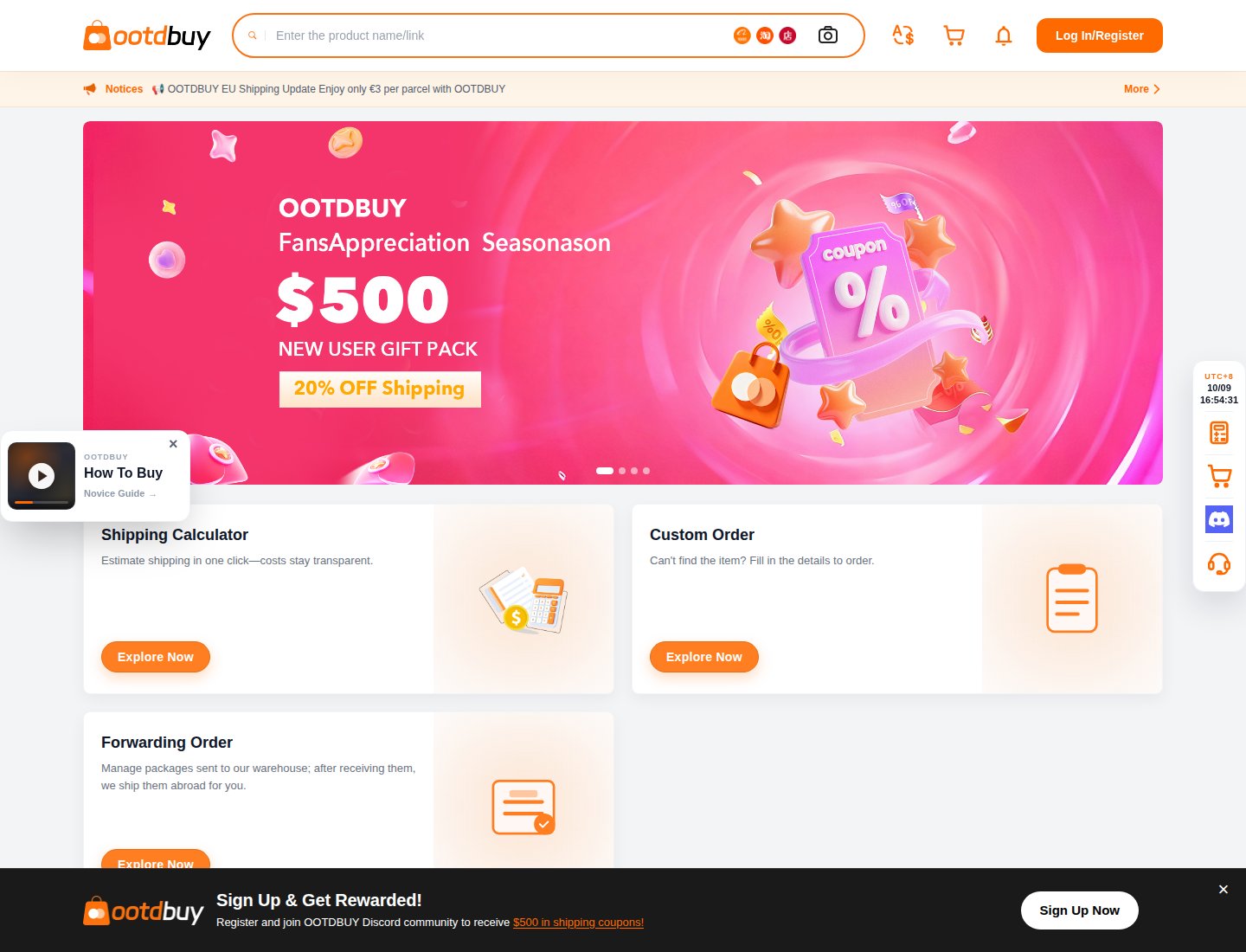 Official OOTDBuy homepage 9 Oct 2026 $500 gift pack and 20 percent off shipping